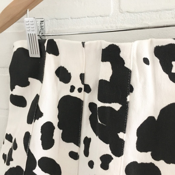 En Saison Mini Skirt Cow Print Pleated Denim Jean Cotton Off-White Black Sz L - Picture 4 of 10